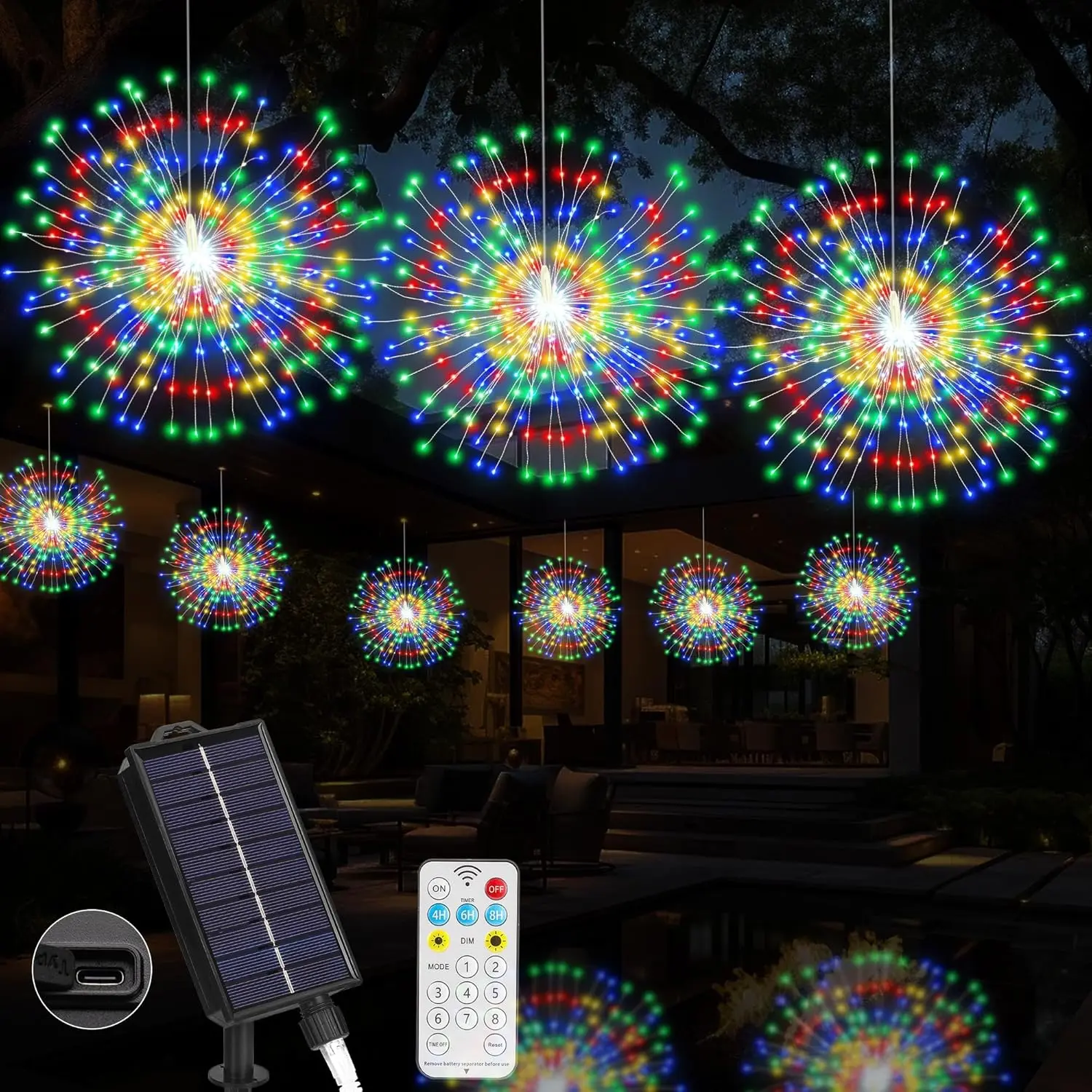 Solar Christmas Firework Lights Outdoor, 600 LED Starburst Light Outdoor with USB Rechargerable, 8 Modes Waterproof Solar Hanging Lights for Yard Party Christmas Decorations (Multicolored, 600 LED)