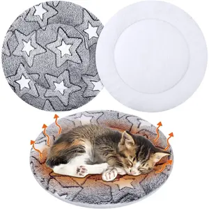 VitalCozy 2 Pack Self Heating Cat Pad Self Heating Cat Bed Machine Washable Heat Pet Mat Reversible Body Thermal Warm Round Dog Bed Crate Blanket for Feral and Indoor Cats(12'',Double Star)