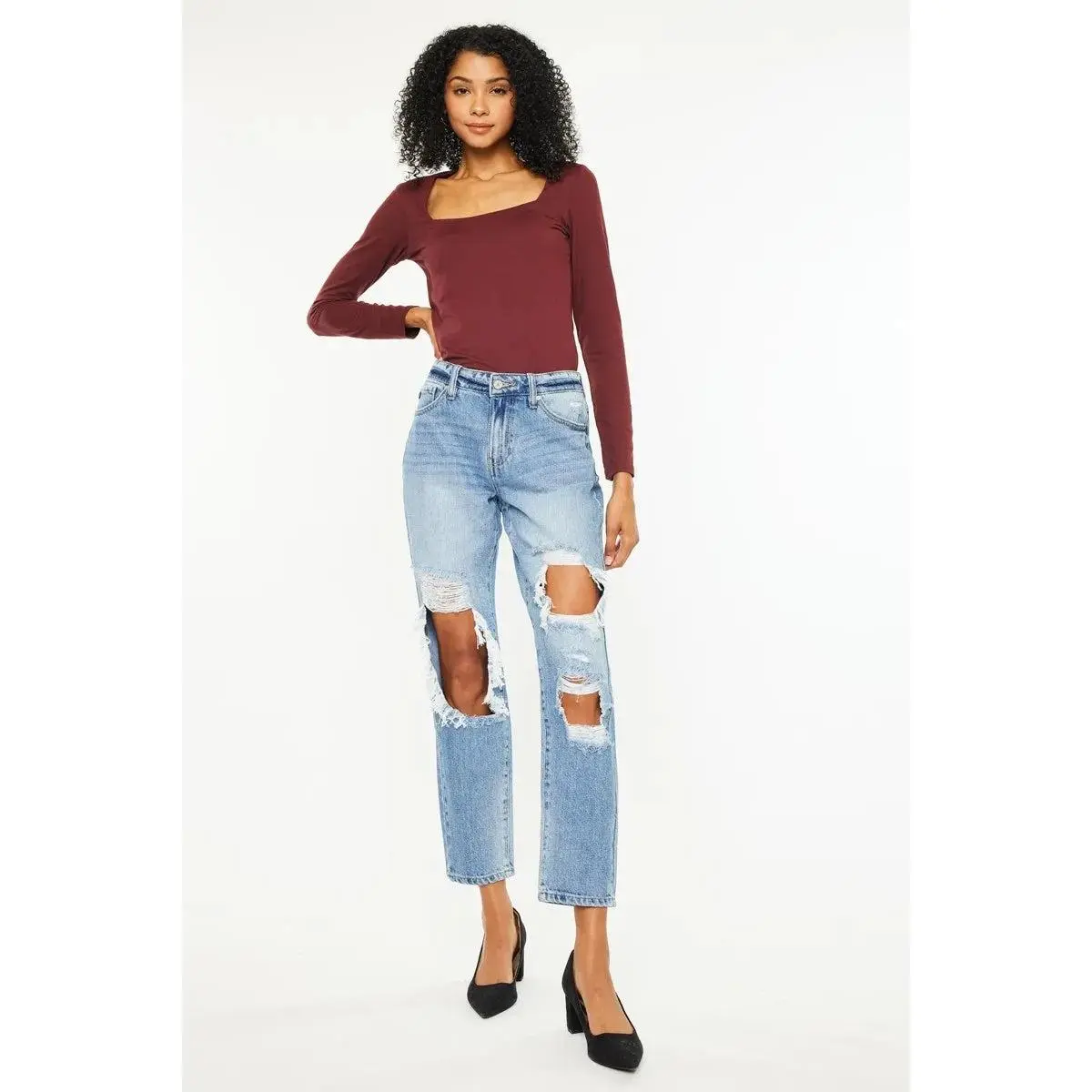 Women's Kancan High-Waisted Denim Boyfriend Jeans - Stretchy Cotton Vintage Distressed Streetwear Bottoms with Pockets, Button Detail for Daily Outfits, Light Wash High Rise Jeans, Kancan High-Rise Distressed Boyfriend Jeans, High-Waisted Jeans