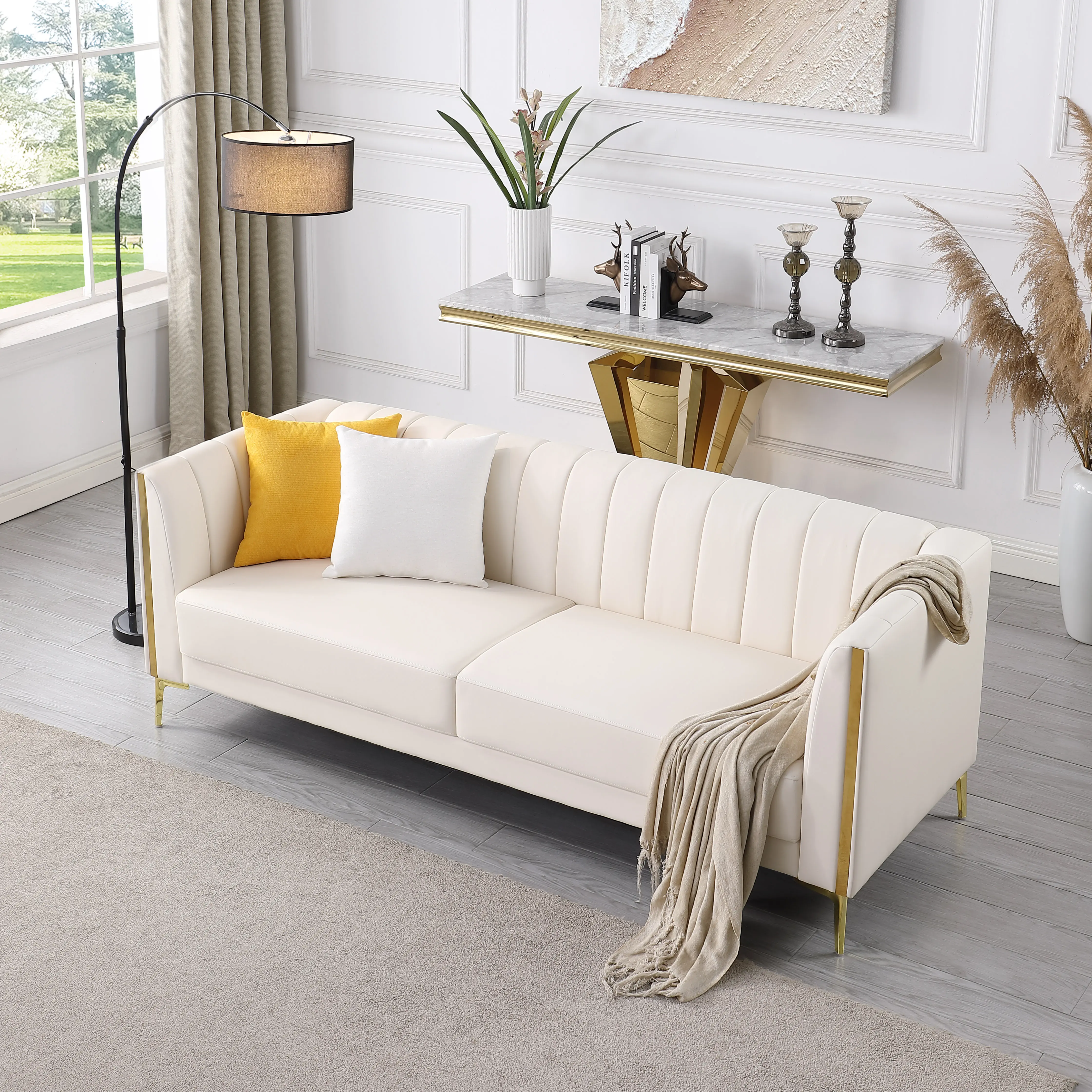 FOTOSOK 78'' Couch Sofa, Leather Couches for Living Room with 2 Throw Pillows, Comfy Faux Leather Sofa 3 Seater with Gold Metal Legs, Cloud Sofas Couch Deep Seat Sofas