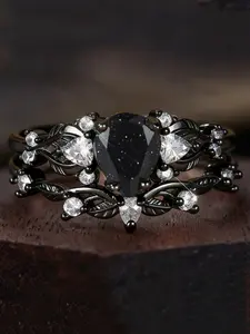 Unique Black Ring Set- Elegant Retro Synthetic Crystal Stackable Rings for Women & Girls, Water Drop Design Engagement Ring Perfect for Weddings Jewelry, Daily Wear Mother's Day Gift Vintage Crystal Ring