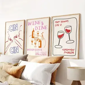 3pcs Frameless Cin Cin Cheers Kitchen Posters, Vintage Wine Drink Bar Cart Art Canvas Prints, Minimalist Wall Decor, Home Decor Supplies