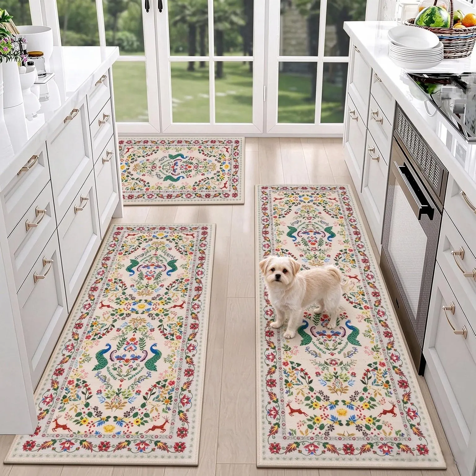 3 Piece Boho Kitchen Mat Set, Vintage Peacock & Floral Animal Print Non-Skid Washable Runner Rugs, Decorative Floor Mats for Kitchen, Entryway & Laundry