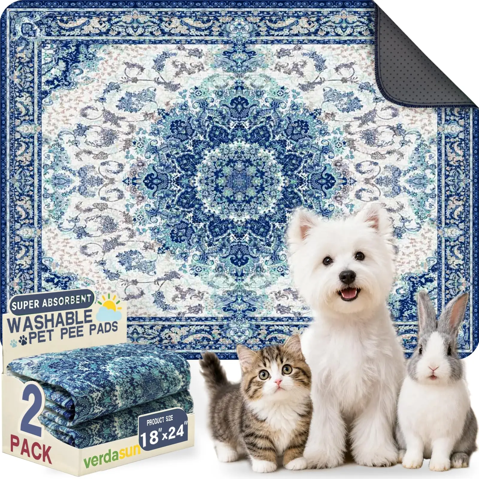 Calming Blue Washable Dog Pee Pad - Ultra-Soft Absorbent Pad, Fast-Absorbing Moisture Lock, Leak-Proof OEKO-TEX Certified Potty Training Liner