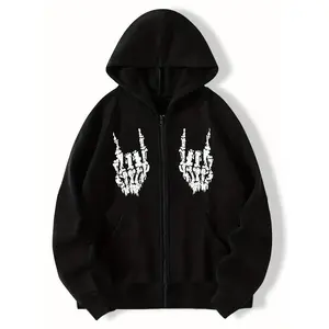 Women's Y2K style hooded sweatshirt, casual long sleeved zipper sweatshirt, skull pattern print, Spring and Autumn fashion style