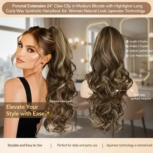 Ponotal Extension 24" Claw Clip in Medium Blonde with Highlights Long Curly Wavy Synthetic Hairpiece for Women Natural Look Japanese Technology pony tail Ponytail jaw