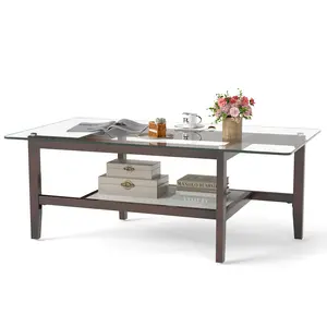 COSTWAY - 42 Inch Rectangular 2-Tier Glass Coffee Table with Storage Shelf-Brown