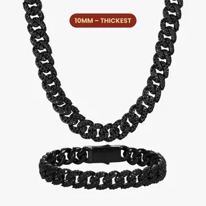 JAXXON Iced Out Cuban Set 10mm - Black - Rhodium Bonded for Shine & Durability - Box Clasp - Bundle & Save