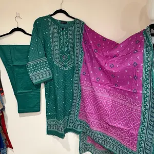 Chunri Print Lawn Green & Pink Kurta Set with Matching Dupatta for Women Small Size 38 Womenswear Clothes