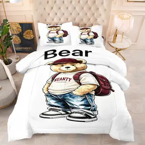 Handsome teddy bear printed pattern bedding set, including 1 blanket and 1 or 2 pillowcases without pillowcases, soft children's or adult bedroom decoration gift