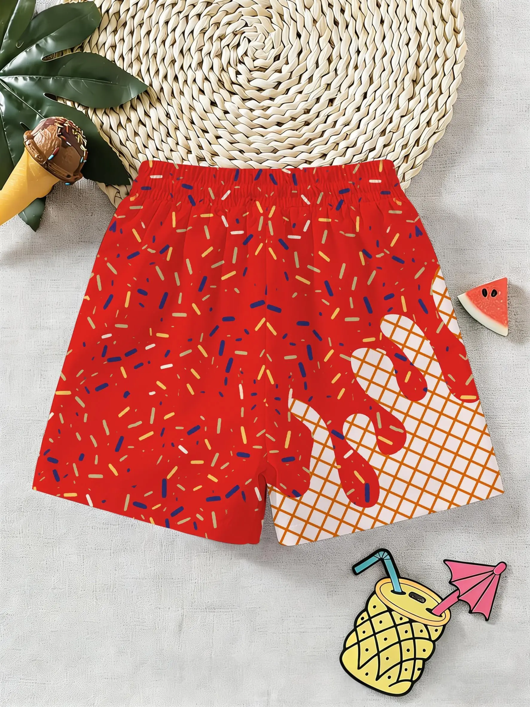 2026 New Model, Boys' Casual Sports Shorts, Ice Cream Pattern Print, Unisex for Boys And Girls, Summer Apparel, Fashionable And Trendy, Suitable for Casual Parties And Outdoor Sports, Breathable And Quick-Drying, Soft And Wrinkle-Resistant