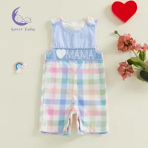 Baby Boy Plaid Sleeveless Romper Fashionable Letters Embroidery Smocked Crew Neck Jumpsuits
