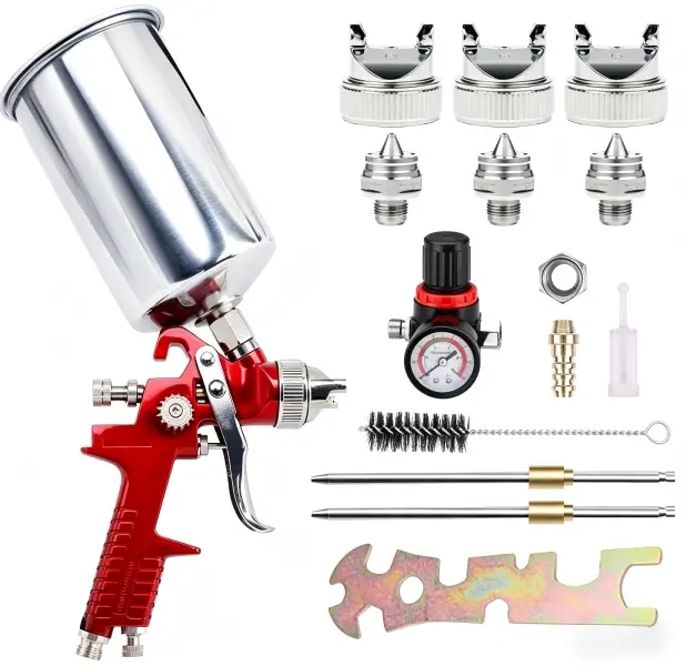 HVLP Gravity Feed Handheld Paint Sprayer Gun Tool Kit, 1.4/1.7/2.5mm Spray Nozzles, 1000cc Aluminum Cup for Car Primer, Furniture Painting