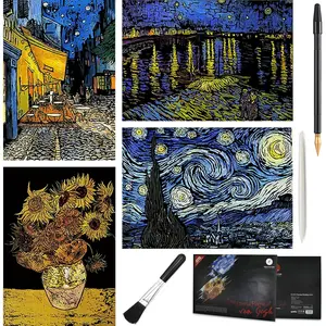 Scratch Art Painting 4 count Vincent Van Gogh Scratch Rainbow Paper Set for Adults and , DIY Sketch Card Engraving Craft Night View Scratchboard with 4 Tools - Cafe Terrace, Sunflowers, Starry Night