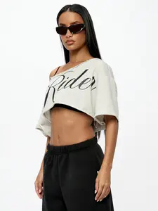 Women's Off Shoulder "Ride" Print Cropped T-Shirt Top 2026 Y2K Asymmetric Neck Short Sleeve Loose Fit Casual Streetwear Summer Daily Trendy Going Out Stylish Viral TikTok Fashion Essential Womenswear