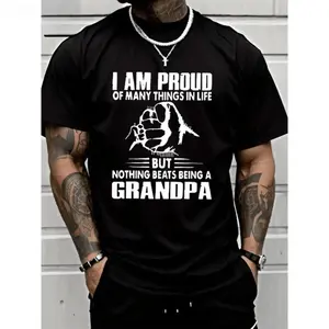 PAYEAH Grandpa-Themed Graphic Short-Sleeve Casual Round Neck Sports Top, "Proud Of Many Things In Life Nothing Being A Grandpa" Monogrammed Design