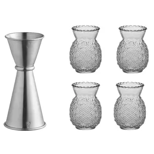 Pineapple Glasses 20 oz. with 1 oz. & 2 oz. Stainless Steel Japanese Jigger for Bartending - Unique Glasses for Cocktail, Lemonade, Water (Set of 4 Glassware + 1 Japanese Jigger)