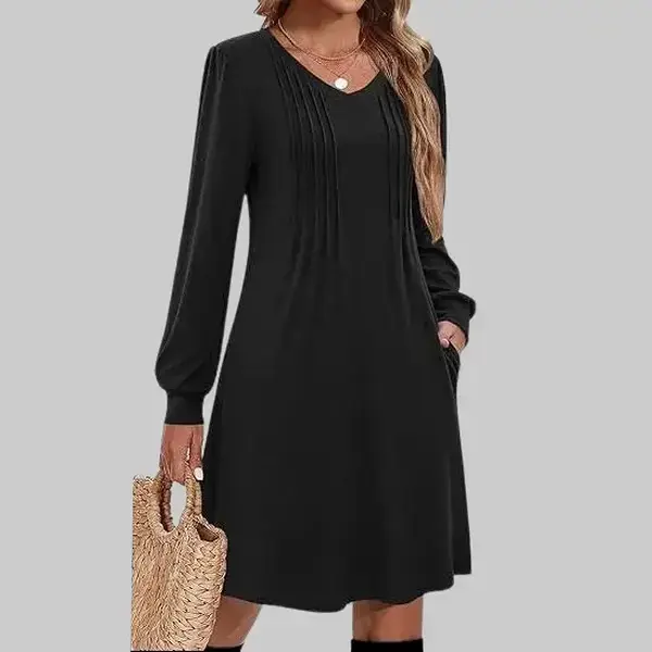Zeagoo Women's Elegant Polyester Blend Tunic Dress, Chic V-Neck, Long Puff Sleeves, Casual A-Line Fit & Flare Knee-Length Dress with Side Pockets, for Business, Church, All Seasons Daily Wear, Cute, Party, Wedding