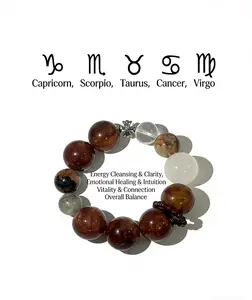 Daily Energy Support Crystal Bracelet – Gray Layered Phantom, Clear Quartz, White Phantom & Fire Quartz|One-of-a-Kind Energy Support Bracelet for Cancer, Capricorn, Taurus, Virgo, Sagittarius