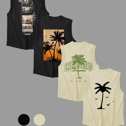 Men's Landscape Print Crewneck Tank Top, Regular Fit Casual Letter Graphic Sleeveless Round Neck Top for Summer, Men's Top for Daily Wear, Men's Clothing, Breathable Sleeveless Top, Tropical, Casual Breathable Outfits