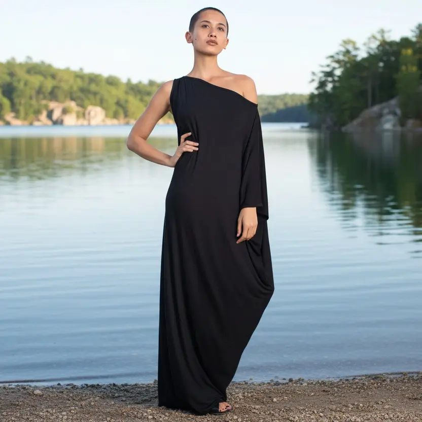 Ina Maxi Dress Asymmetric Black Bamboo Jersey