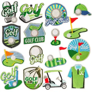 16Pcs Durable Heat Melt Adhesive Embroidered Golf Iron-On Patches - Unique Patterns, Easy to Sew or Iron, Green Grass Decorative Appliques for Hats, Clothes, DIY Sewing & Textile Craft Supplies