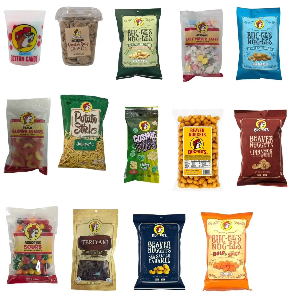 Buc-ee's 14-Piece Ultimate Texas Mega Snack Box - Salted Beaver Nuggets, Teriyaki Jerky, Peach Candies, Caramel Treats, Lemon Snacks & Assorted Goodies, Road Trip Care Package