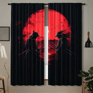Japanese Samurai Ink Art Curtains Set, Semi-Transparent Polyester Material, Rod Pocket Design, Perfect for Living Room Kitchen Bedroom