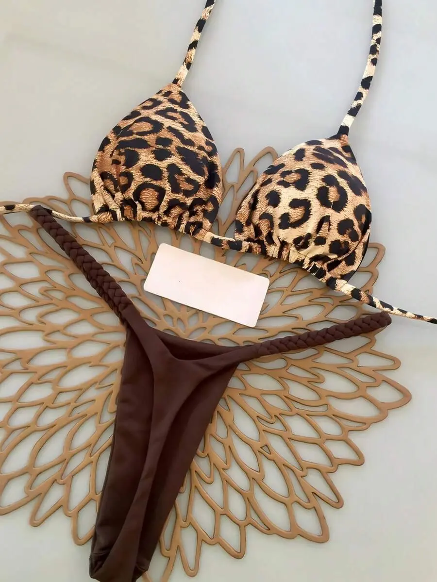 2pcs Bohemian Floral Print Tie-Up Braided Bikini Swimwear, Casual, Cute, Elegant, Sexy, Beach Vacation, Spring/Summer