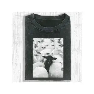 Black Sheep Photo Graphic Tee Unisex Vintage Washed Oversized Crewneck T Shirt Streetwear Casual Everyday Outfit Soft Cotton Gift