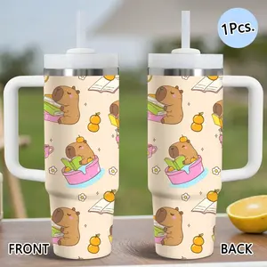 PIKPAKA Capybara Pattern Vacuum Flasks 40oz Stainless Steel Tumbler with Handle & Straw, Vacuum Insulated Travel Mug Keeps Drinks Cold Up to 12 Hours, Leak-Resistant Cup for Iced Coffee, Water, Office, Gym or Travel