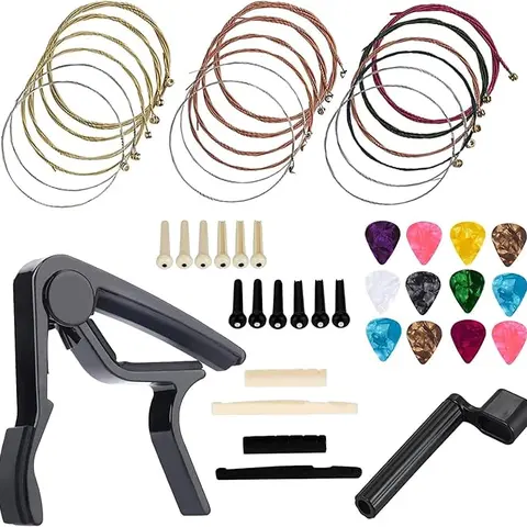 48 PCS Durable Guitar & Gear Accessories Set - Acoustic Guitar, Ukulele Accessories with Steel Coated Strings, Gold/Red Celluloid Picks, Capo, String Winder, Bridge Pins, Pin Puller for Tuning