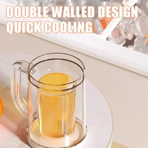 Double Walled Beer Ice Cup,Classic Clear Beer Mug with Handles,Freezer Mugs Chiller Frosty Cup for Beer Cocktail Water Drinks Coffee and More