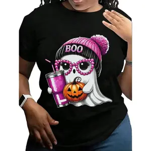 Women's UA241 Short-Sleeve Casual Fabric Fit Halloween Ghost T-Shirt - Pink Hat, Pumpkin, Coffee, Spooky Fall Gift Tee