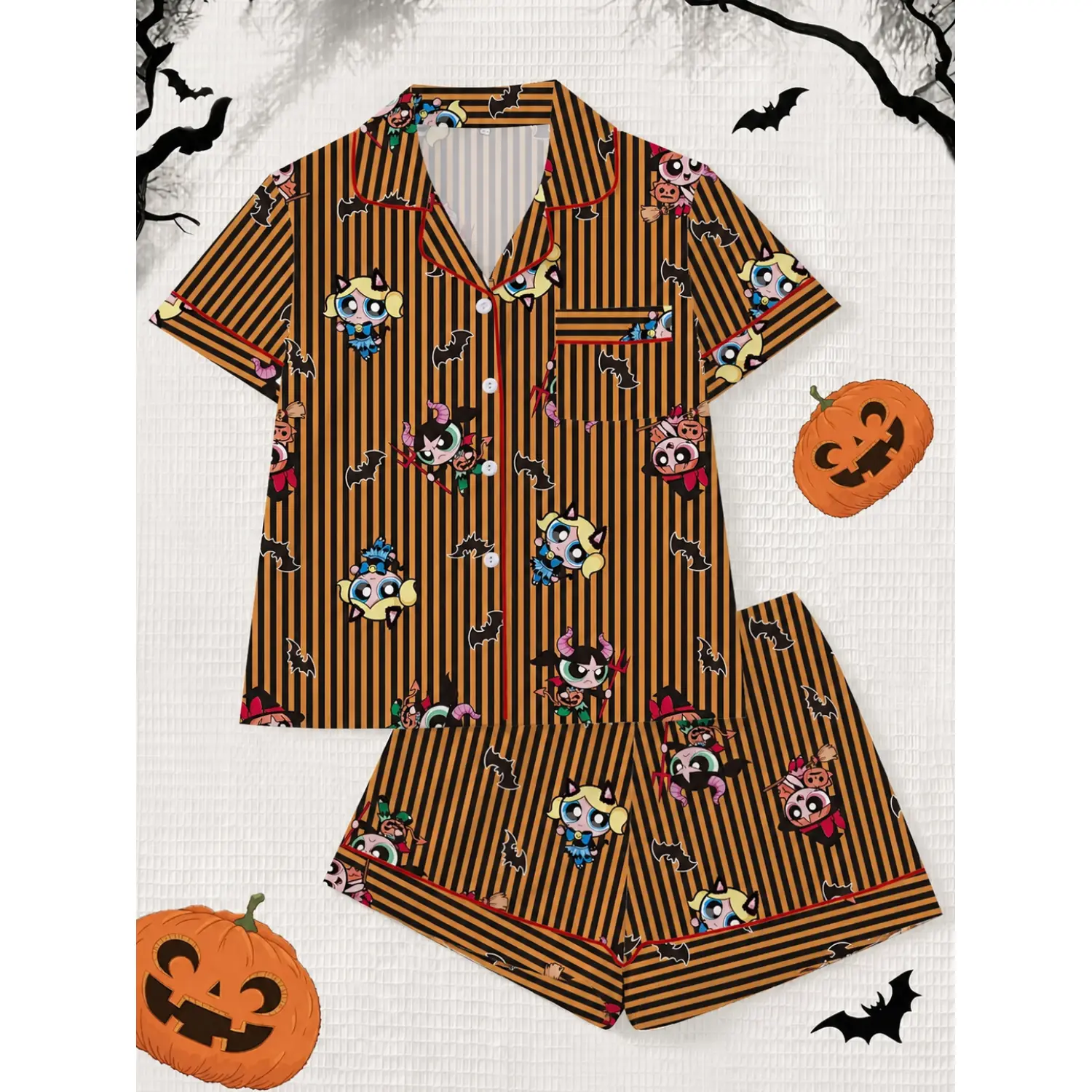Elegant Halloween Pajama Set for Women, Short Sleeve Button-Front Top & Elastic Waist Shorts, Charming Cartoon Design, Year-Round Comfortable Sleepwear