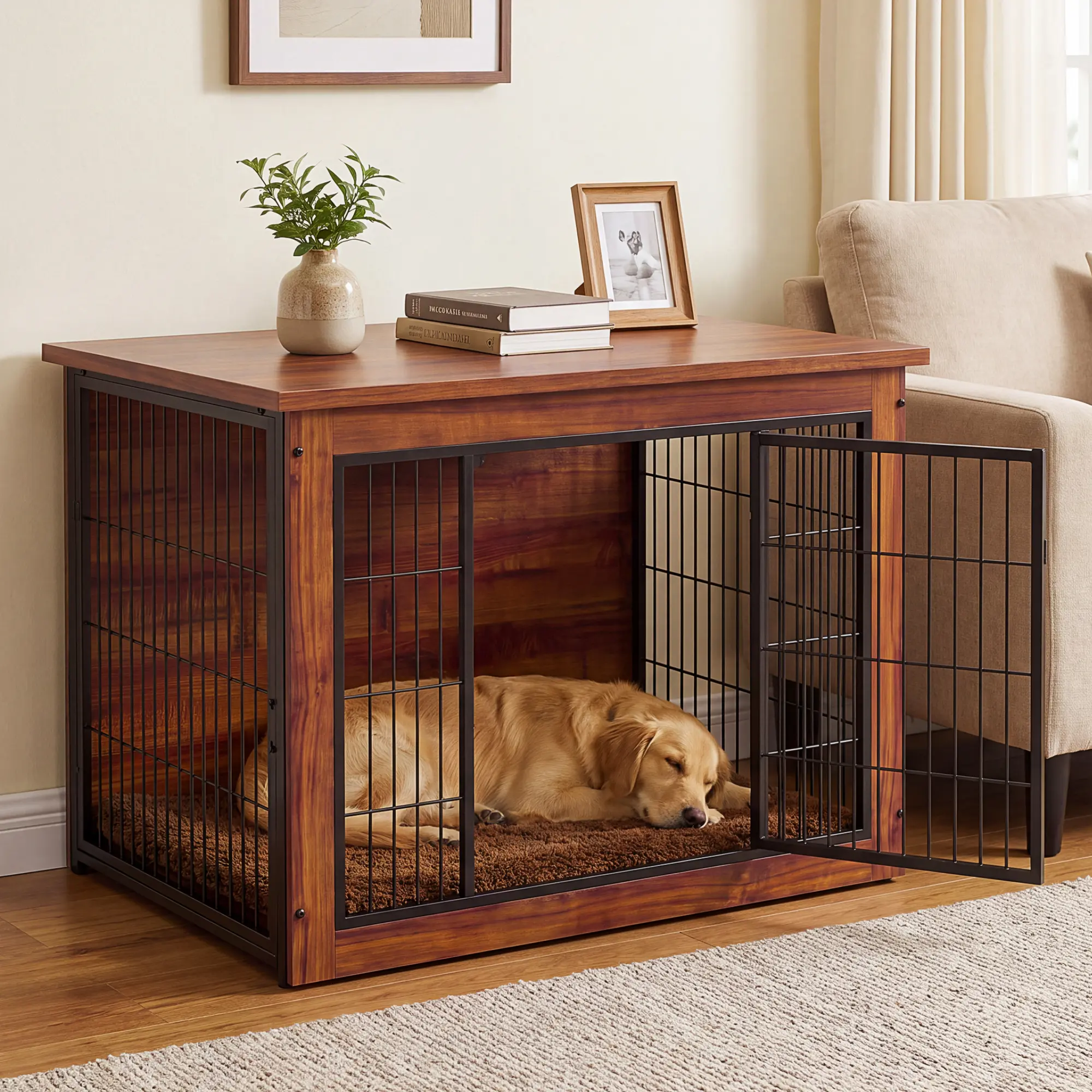 Alifuraha Stylish Enclosed Wooden Dog Crate Furniture End Table - Heavy-Duty Steel Frame, Double Doors, Reversible Side Door, Removable Pad, Metal Bars, Puppy Kennel, Automatic Litter Box Compatible