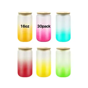 30pack USA Warehouse 16oz Frosted Gradient Color Sublimation Beer Glass Can With Bamboo Lid
