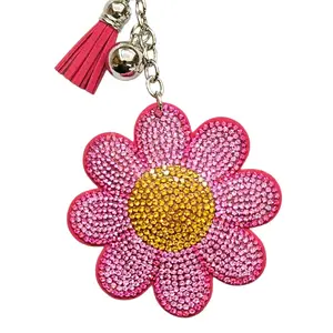 Pink Rhinestone Bling Flower Keychains with Tassel and Gold Center for Stylish Accessory