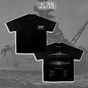 Vintage Tactical Heritage Bismarck Battleship Blueprint Double-Sided T-Shirt, Retro Naval Warship Graphic Tee, Heavy Cotton Military Streetwear, Tactical Heritage Collection, Gift for Men