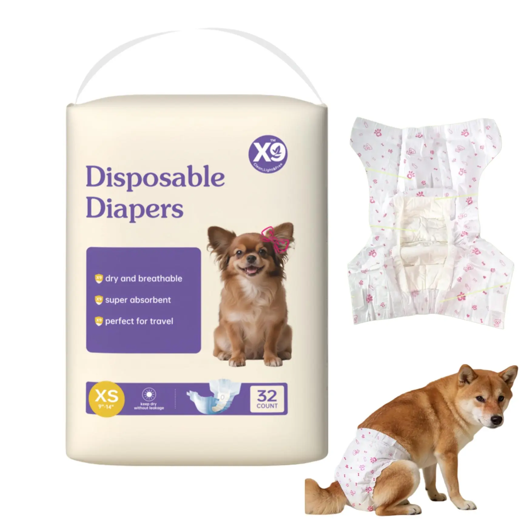 X9 Disposable Female Dog Diapers - 32 Count, Travel-Friendly, Dry & Breathable, Leak Proof, >600ml Liquid Absorption, Multi-Size, Humidity Indicator, Double Leakage Barrier, Special Tail Opening (Pet Supplies), Xs, Liquid Absorption Nappies