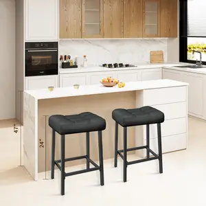 Modern Bar Stools Set of 2, Double Needle 24 Inch Backless Saddle Bar Stool, Upholstered Padded Saddle Metal Stools for Kitchen Counter