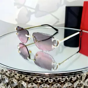 Luxury Rimless Round Cut Sunglasses Pink Gray Lens Gold Frame with High-Quality Rhinestones and Diamond Shine UV400 Protection for Men & Women