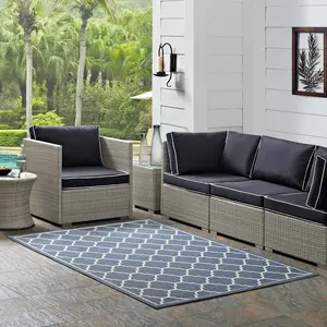 Modway Avena Moroccan Quatrefoil Trellis 5x8 Indoor and Outdoor Area Rug in Blue and Beige