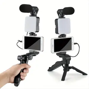 Portable foldable live streaming stand, portable tripod selfie stick with LED lights and microphone, Black phone holder, Selfie accessory.excellent gifts for Christmas and new year，Must-buy on Black Friday
