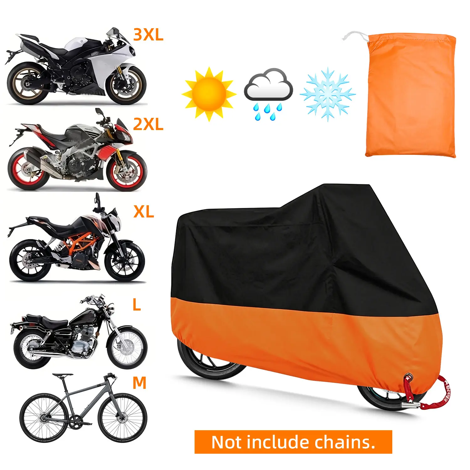 Heavy-Duty All-Seasons Motorcycle Cover - Water Resistant, UV Blocking, Thieves Deterrent, Adjustable Straps, Buckle Lock Holes, Outdoor Protection, Black Orange, Compact Storage Bag Included, Foldable for Travel (Fits Standard Motorbikes)