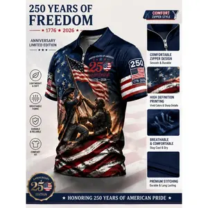 Patriotic American flag men's polo shirt, Stars and Stripes warrior (historical and modern fusion) Commemorating the 250th anniversary of the United States (1776-2026) July 4th gift polo shirt, zip-up polo shirt.