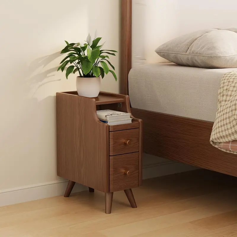 Small Solid Wood Nightstand - Walnut, Space-Saving Design