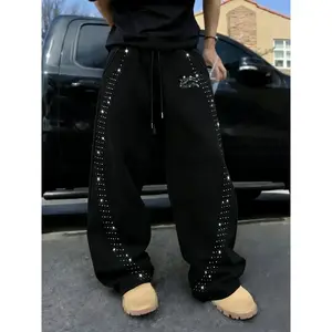 TikMen Trendy Rhinestone Basic Sporty Sweatpants, Starry Decor, Loose Straight Fit, Elastic Waist, Durable Fabric, Ideal for Skateboarding