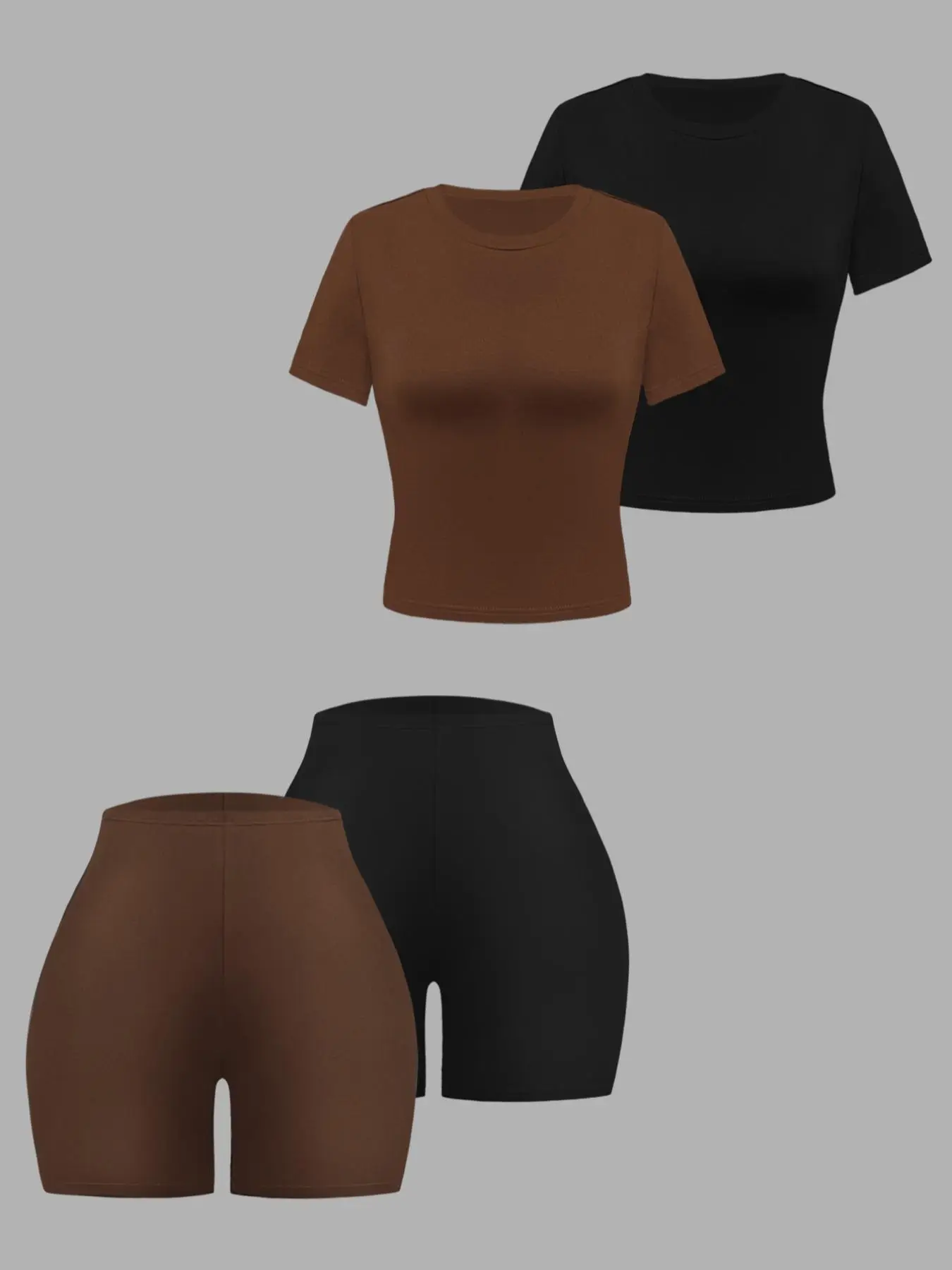 Four-piece Set Women's Solid Round Neck Tee & Elastic Waist Shorts Set, Fall Outfits 2024 Sets, Back To School Outfits, Casual Short Sleeve T-shirt &