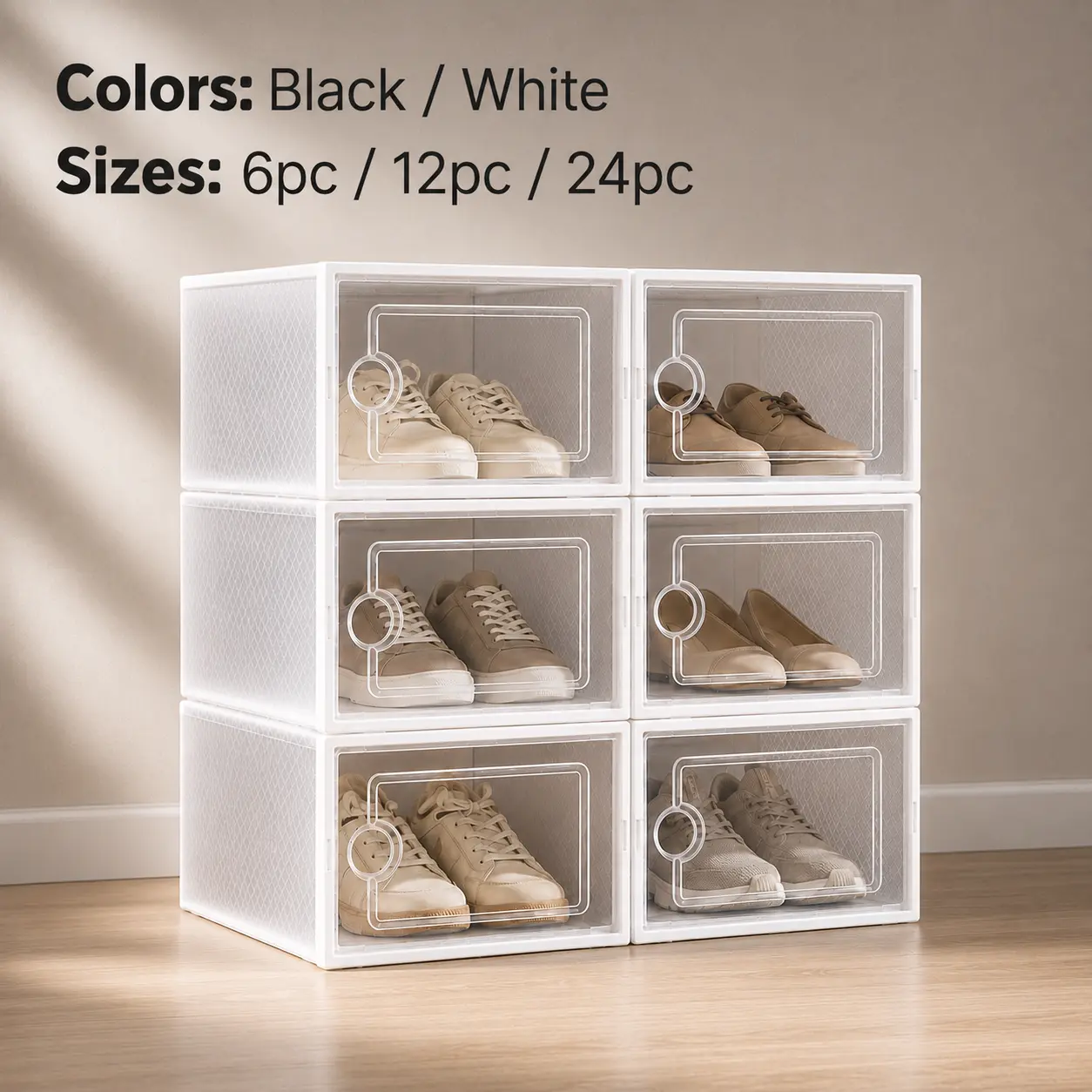 Stackable Clear Shoe Storage Boxes with Front Door, Black or White Shoe Organizer, 6/12/24 Pack